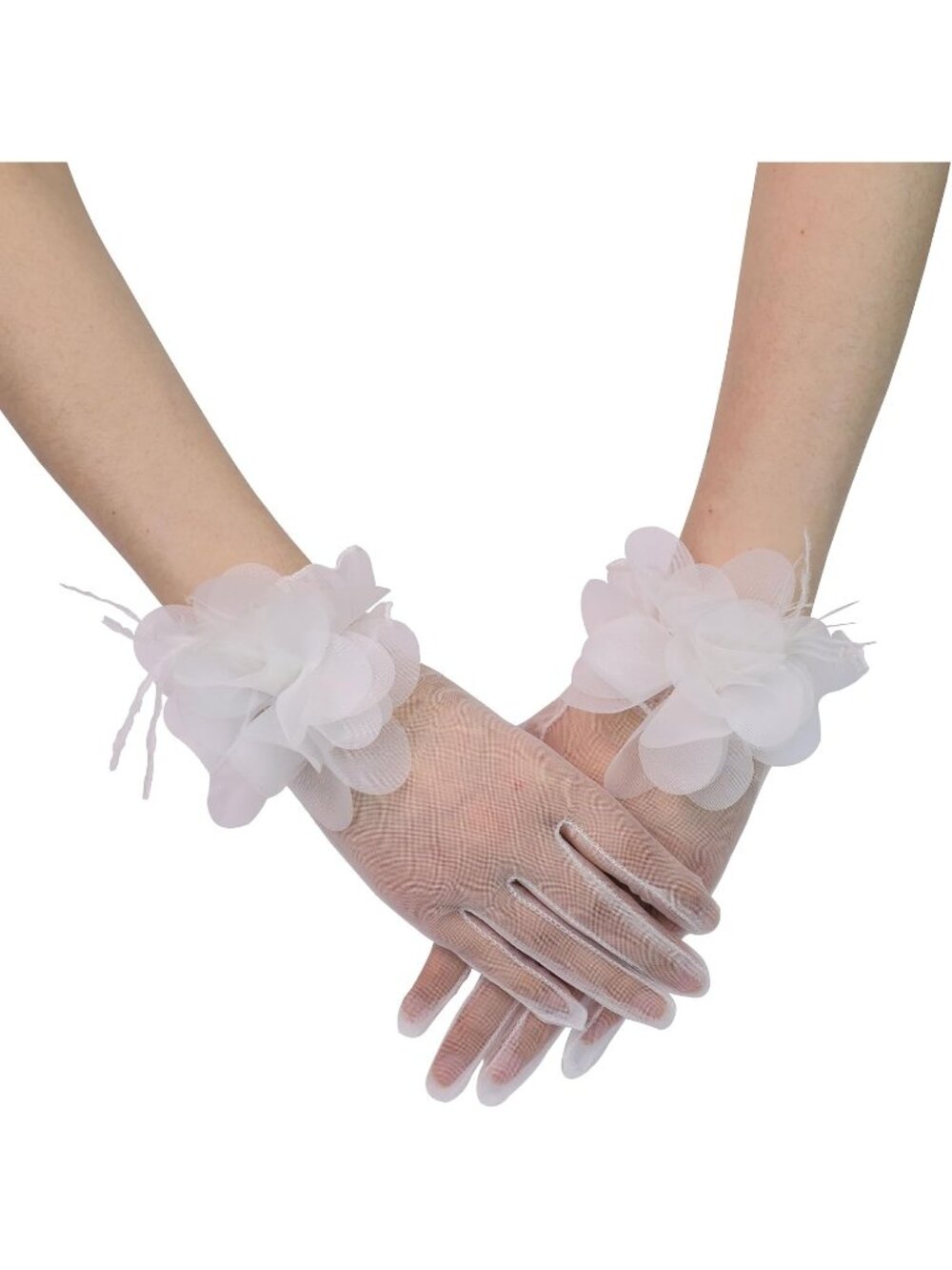 Women's White 100% Nylon Sheer Floral Wedding Tea Party Short Tulle Glove